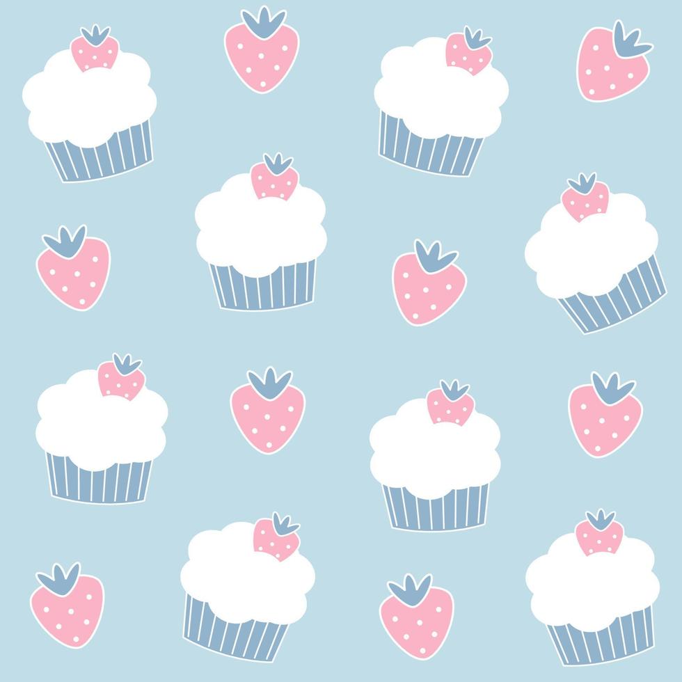 Cute lovely cartoon seamless vector pattern background illustration with cupcakes and strawberries