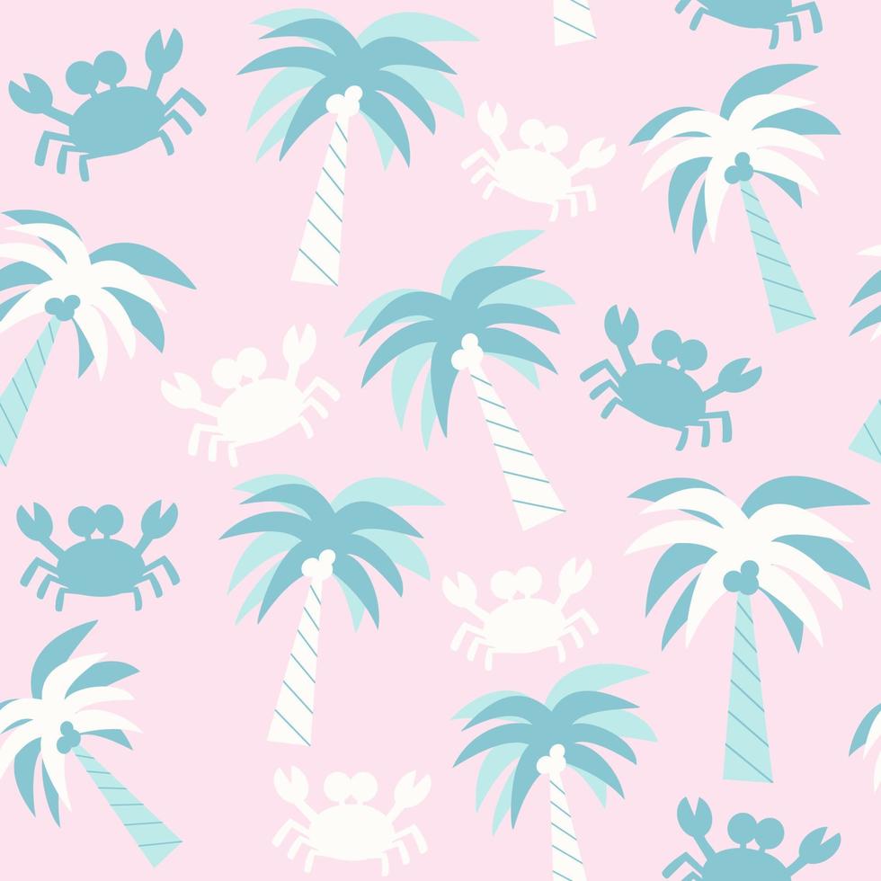 Cute colorful trendy summer seamless vector pattern background illustration with palm trees and crabs