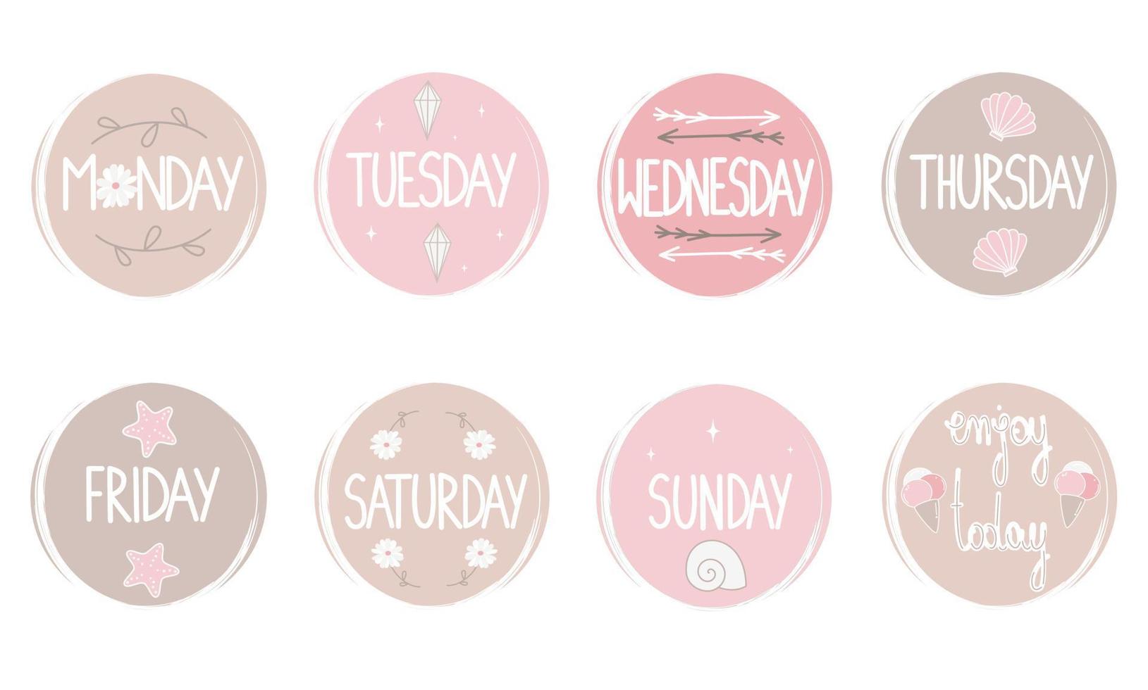 cute vector set of logo design templates, icons and badges for social media highlight in boho style with days of the week