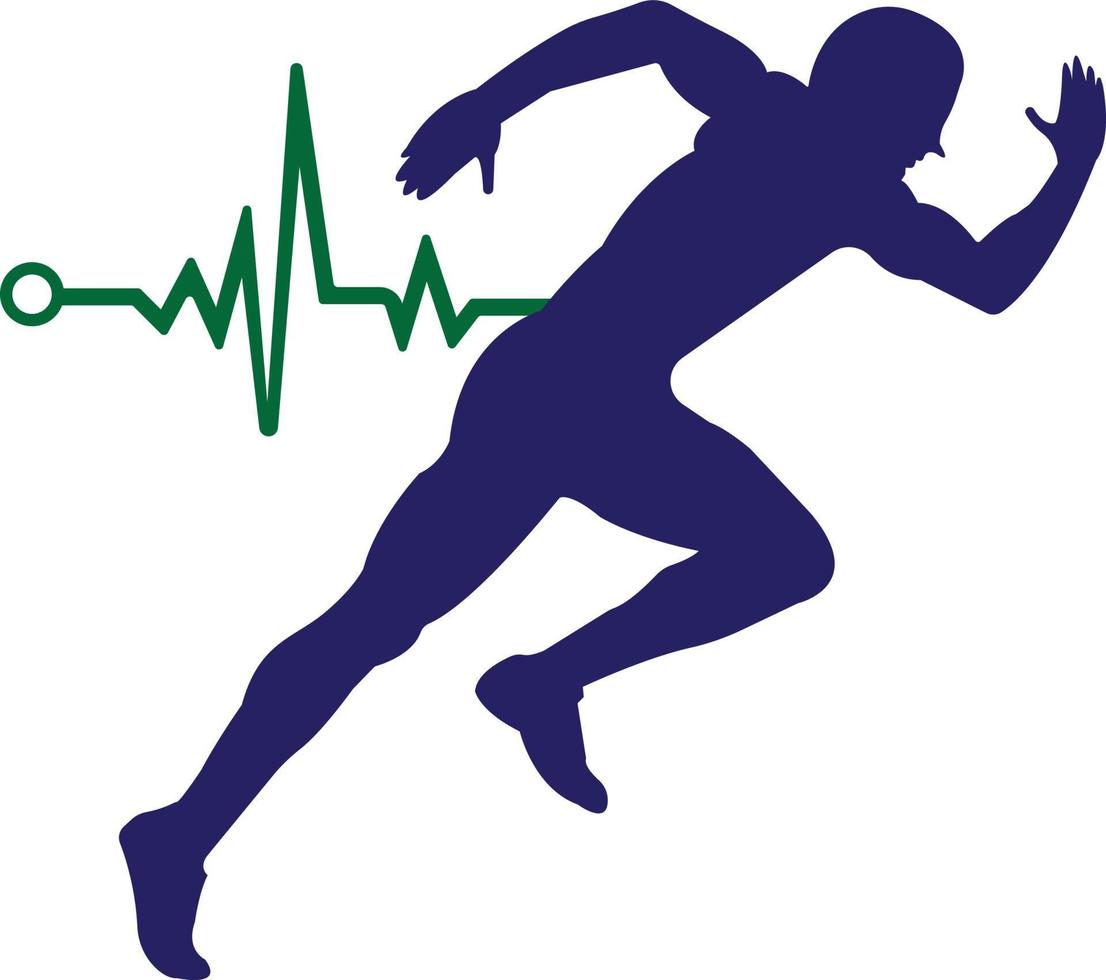 vector de icono de diseño de logotipo de maratón de pulso. diseño del logotipo de cuidado de la salud corporal. hombre corriendo con el icono del latido del corazón del ecg de línea.