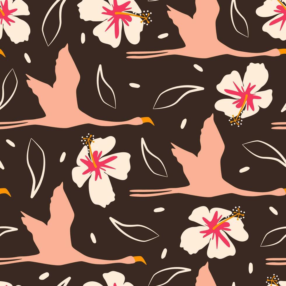 Cute colorful seamless vector pattern illustration with flying flamingos and hibiscus flowers on brown background