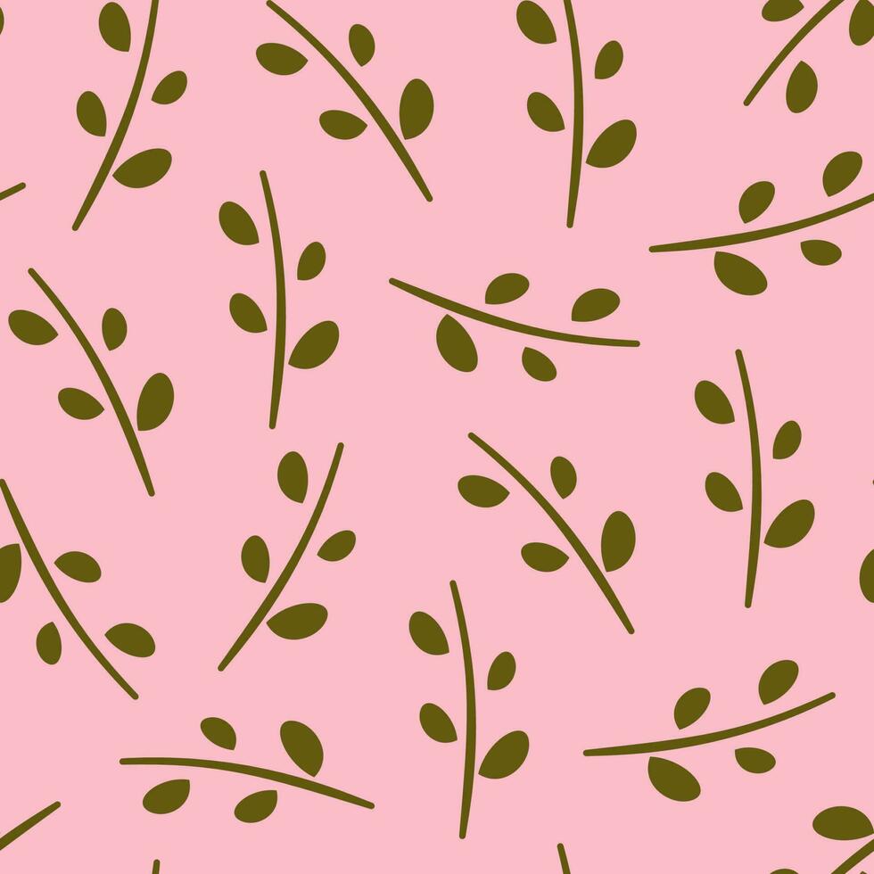 cute green branches with leaves on pink background seamless vector pattern illustration