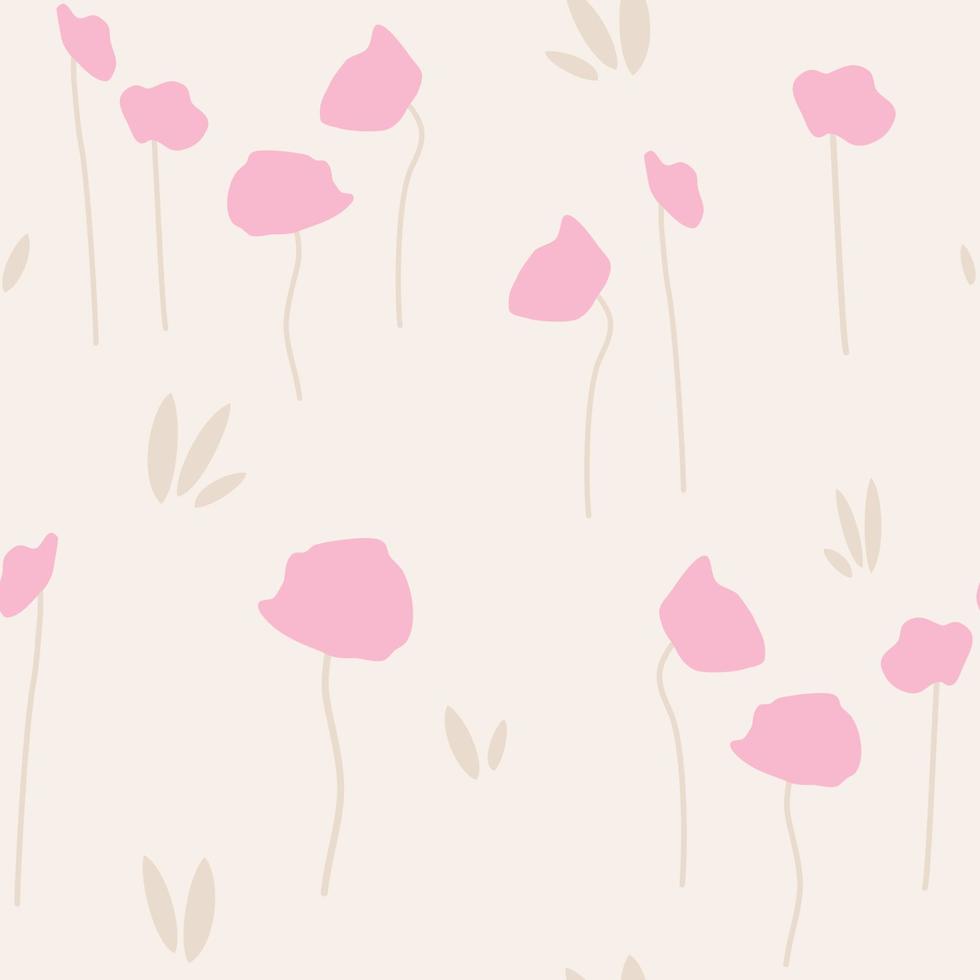 cute hand drawn pastel pink poppy flowers on delicate beige background abstract seamless vector pattern illustration