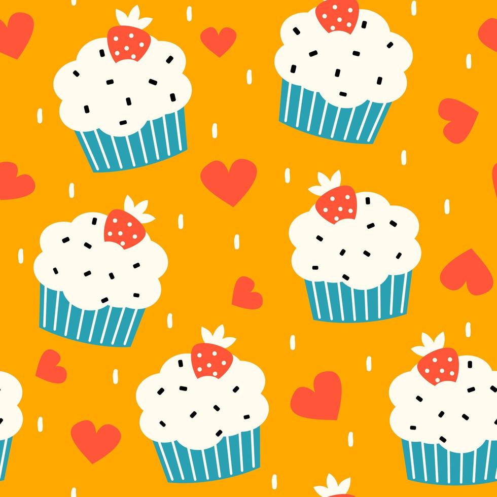 Cute valentines day seamless vector pattern illustration with cupcakes and hearts on yellow background