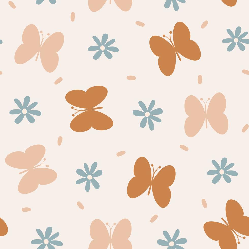 cute pastel colored seamless vector pattern background illustration with daisy flowers and butterflies