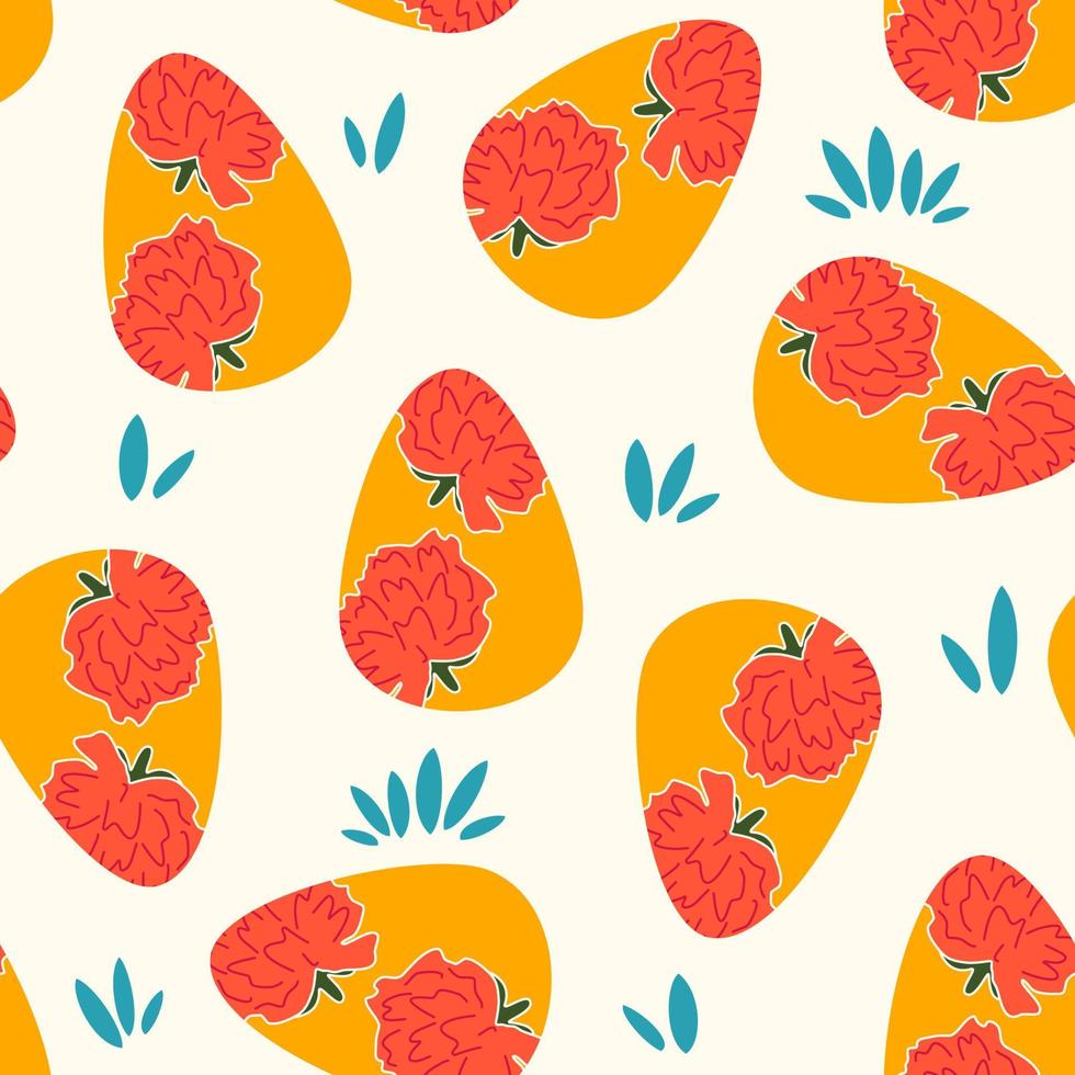 Cute colorful easter seamless vector pattern illustration with yellow egg with red flowers on white background