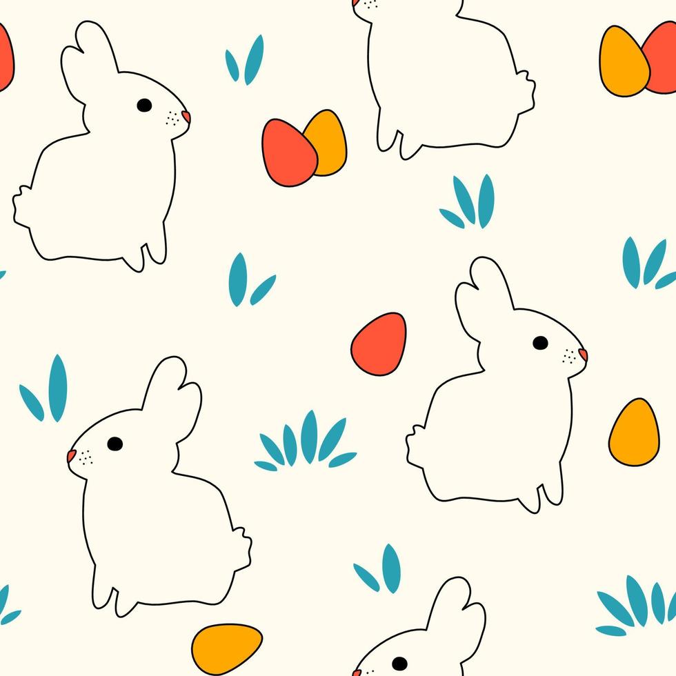 Cute easter seamless vector pattern background illustration with colorful egg and white rabbits