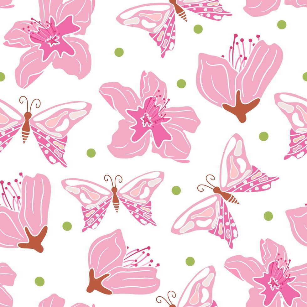 hermosa resumen sin costura vector modelo antecedentes ilustración con dibujos animados mariposas y melocotón árbol rosado flores