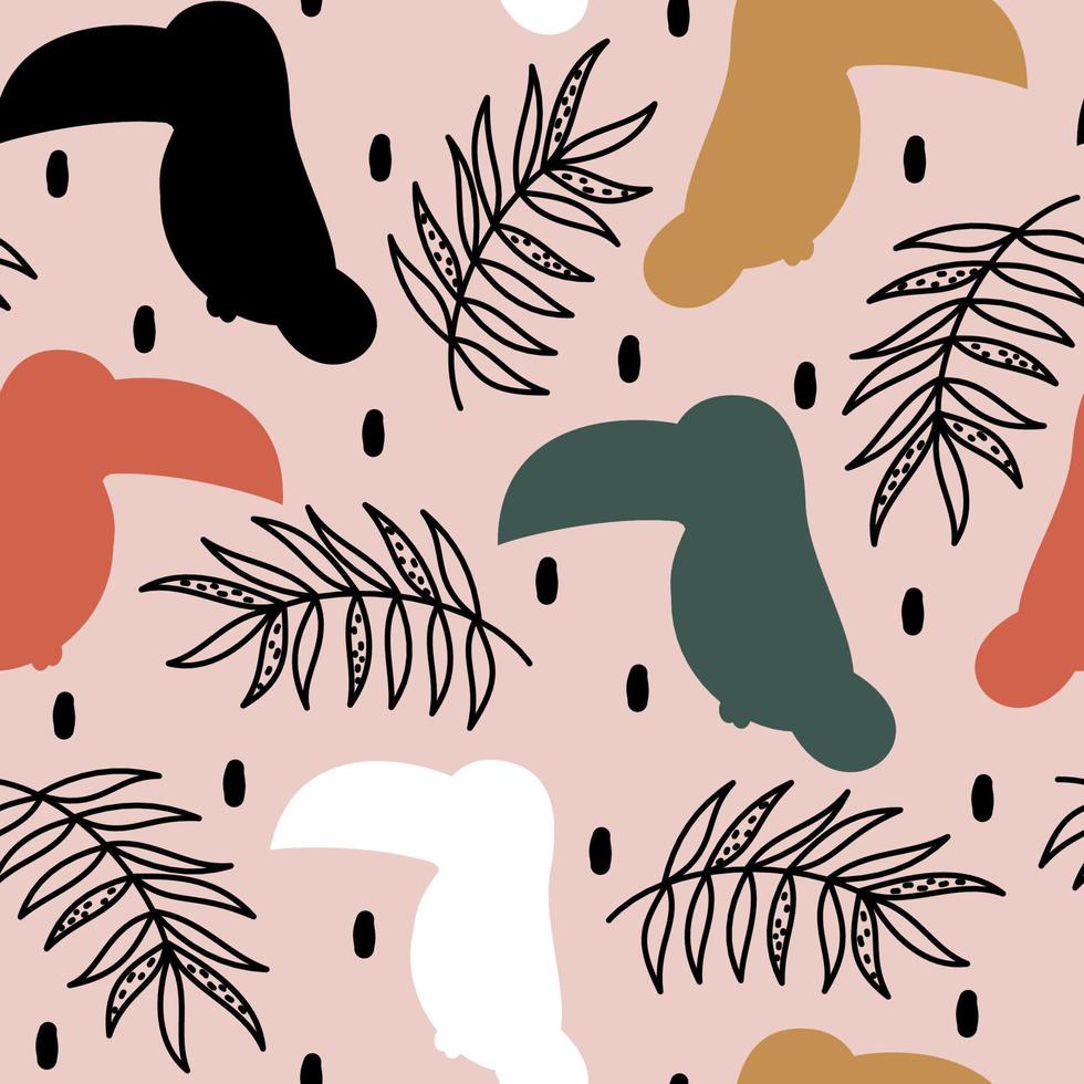 cute hand drawn abstract seamless vector pattern design illustration with colorful toucan silhouettes, leaves and black confetti on pink background