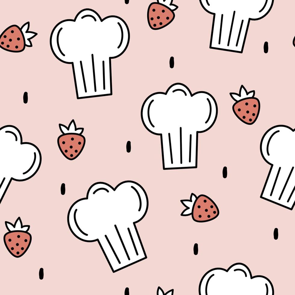 Cute lovely cartoon black and white chef hats with red strawberries seamless vector pattern illustration on pink background