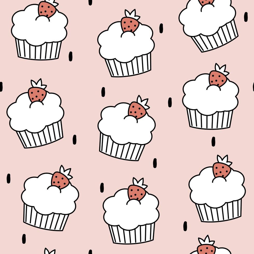 Cute lovely cartoon delicious black and white cupcakes with red strawberries seamless vector pattern illustration on pink background
