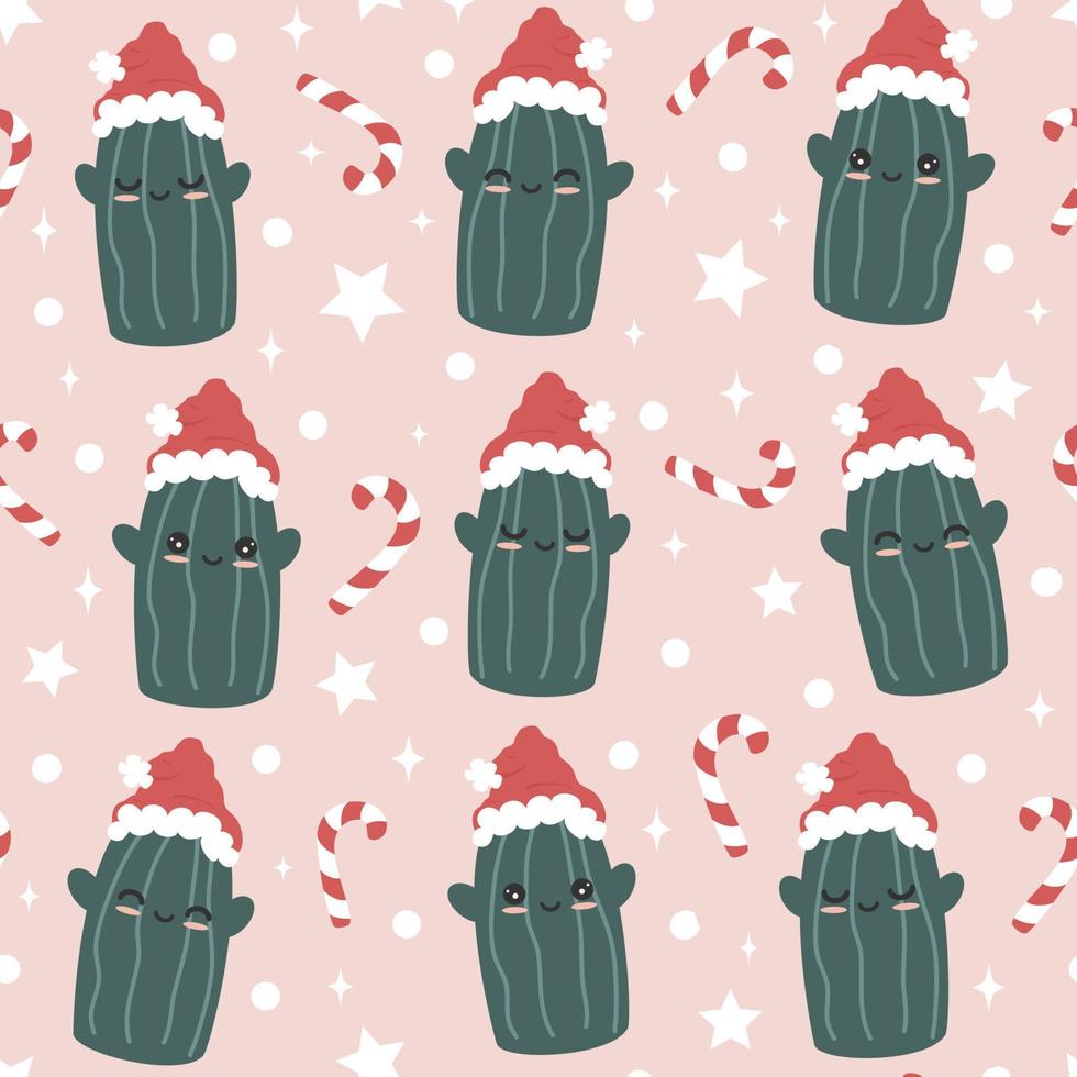 cute christmas seamless vector pattern background illustration with funny cartoon character cacti with santa claus hat, stars, snowflakes and candy cane