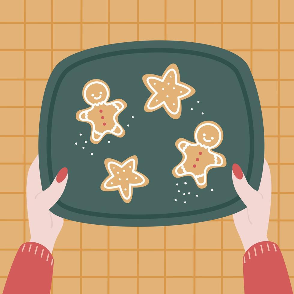 linda dibujos animados hembra manos participación servicio bandeja con Navidad pan de jengibre galletas plano laico estilo vector diseño ilustración de invierno Días festivos tradicional comida