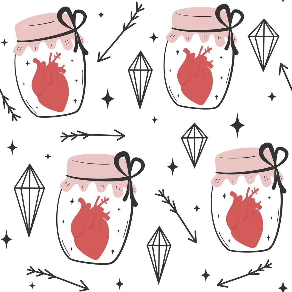 cute hand drawn lovely Valentines day romantic seamless vector pattern background illustration with human heart inside mason jar, diamonds, stars and arrows