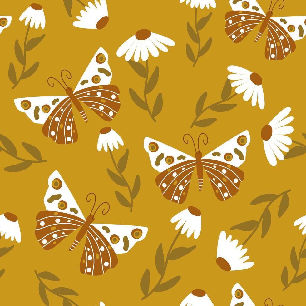 Beautiful abstract seamless vector pattern background illustration with cartoon butterflies and daisy flowers