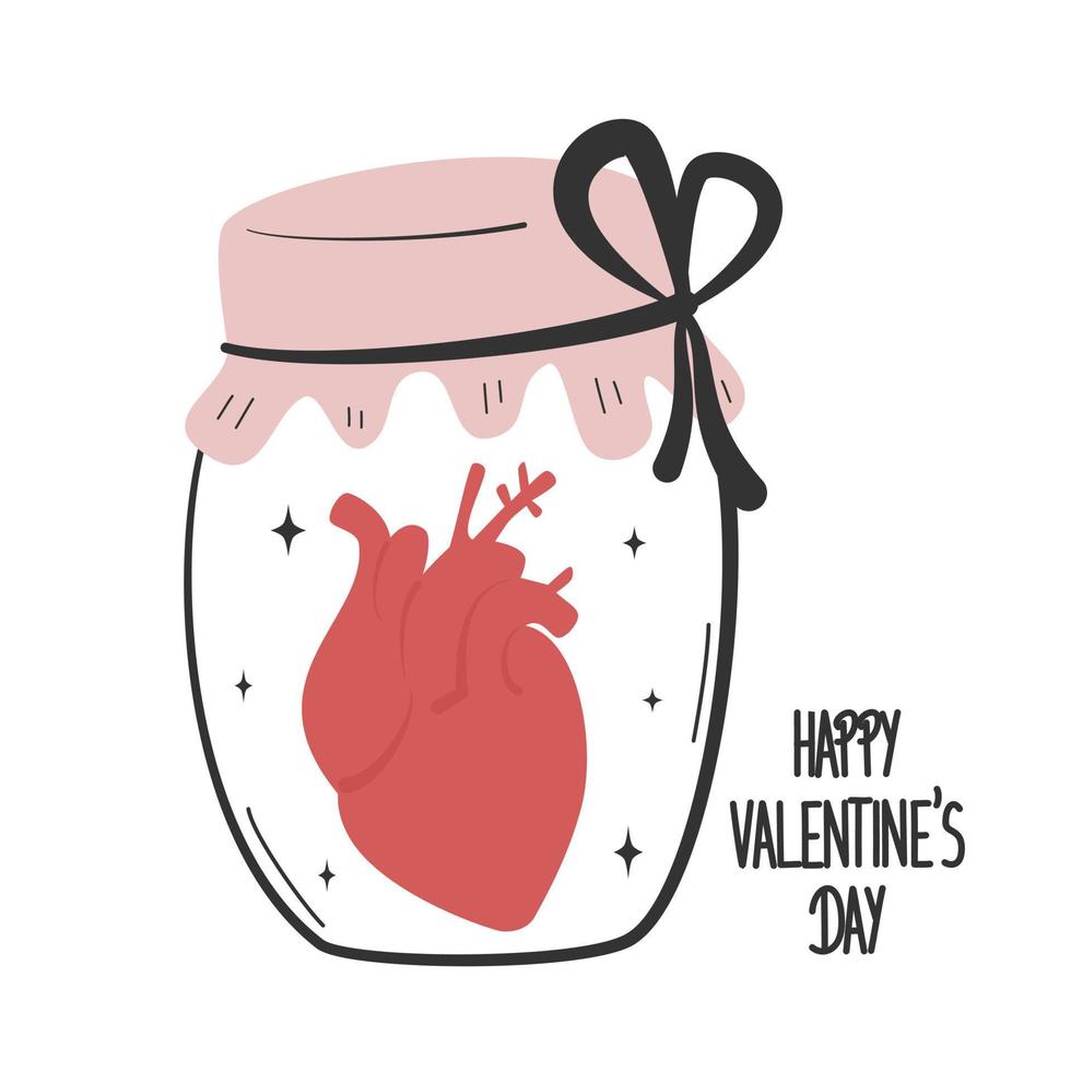 cute hand drawn lovely lettering happy Valentines day romantic text with human heart inside mason jar concept greeting card vector illustration