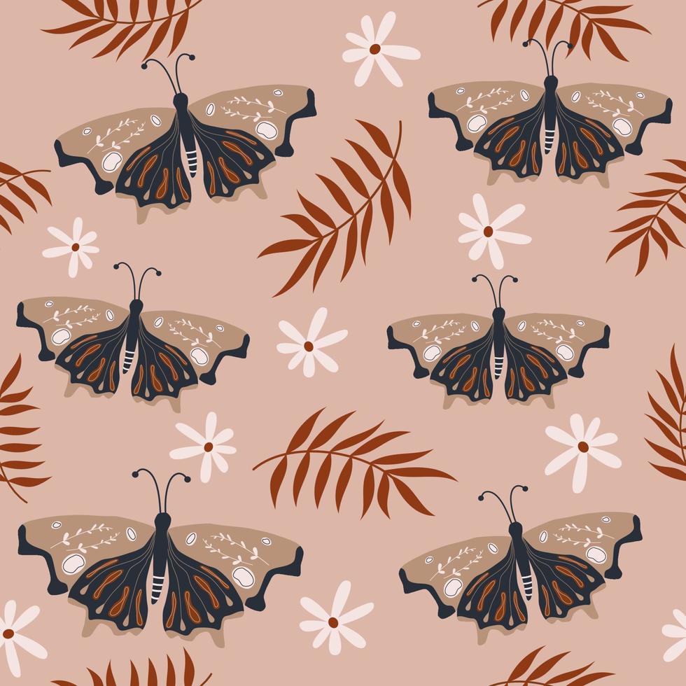 Beautiful boho trendy seamless vector pattern baackground illustration with moth, daisy flowers and leaves
