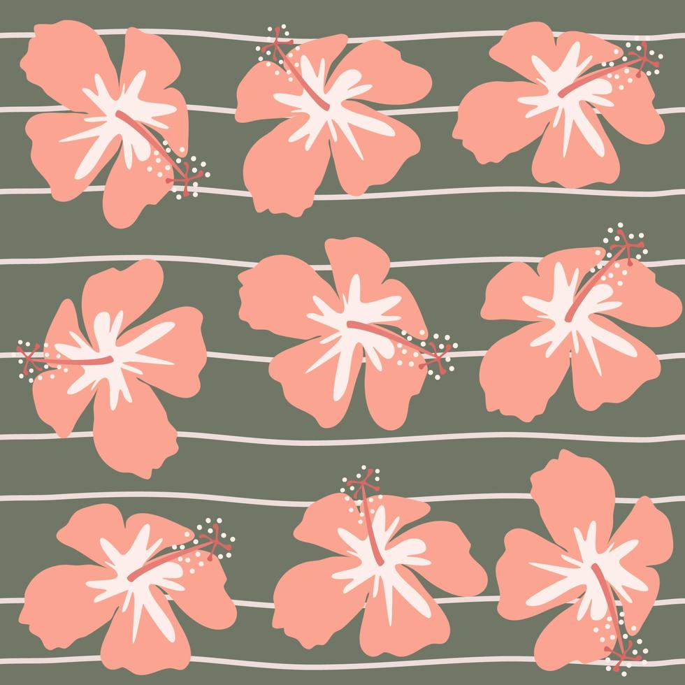 cute hand drawn abstract seamless vector pattern illustration with pink hibiscus flowers on striped green background