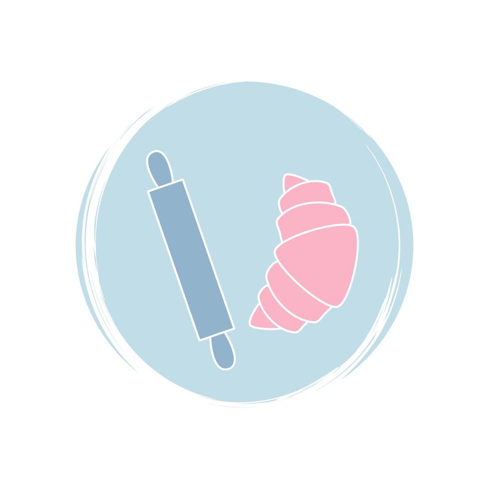 Croissant and rolling pin icon logo vector illustration on circle with brush texture for social media story highlight