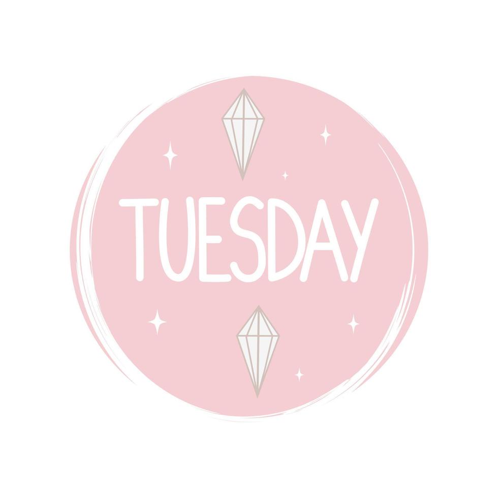 Cute logo or icon vector with hand drawn lettering tuesday word, illustration on circle with brush texture, for social media story and highlight
