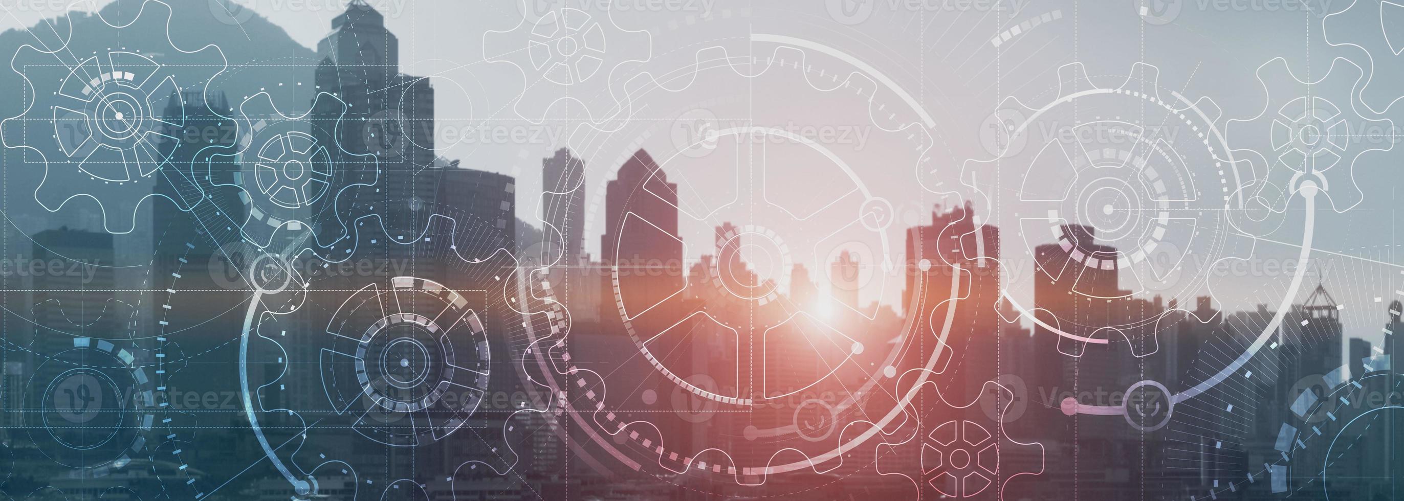 Business technology concept. Cogwheel Gears Mechanism with modern city view. Website panoramic header background. photo