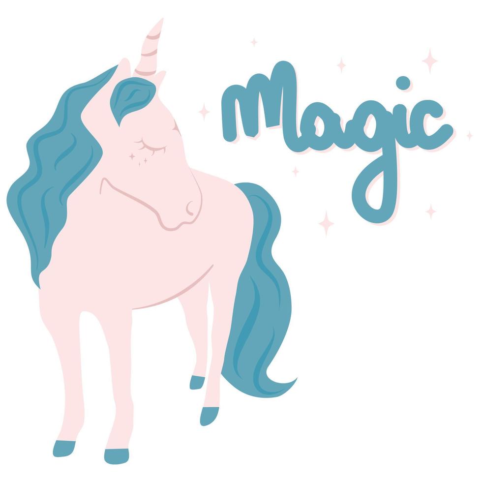 cute hand drawn lettering magic word with adorable beautiful cartoon character pink unicorn vector illustration