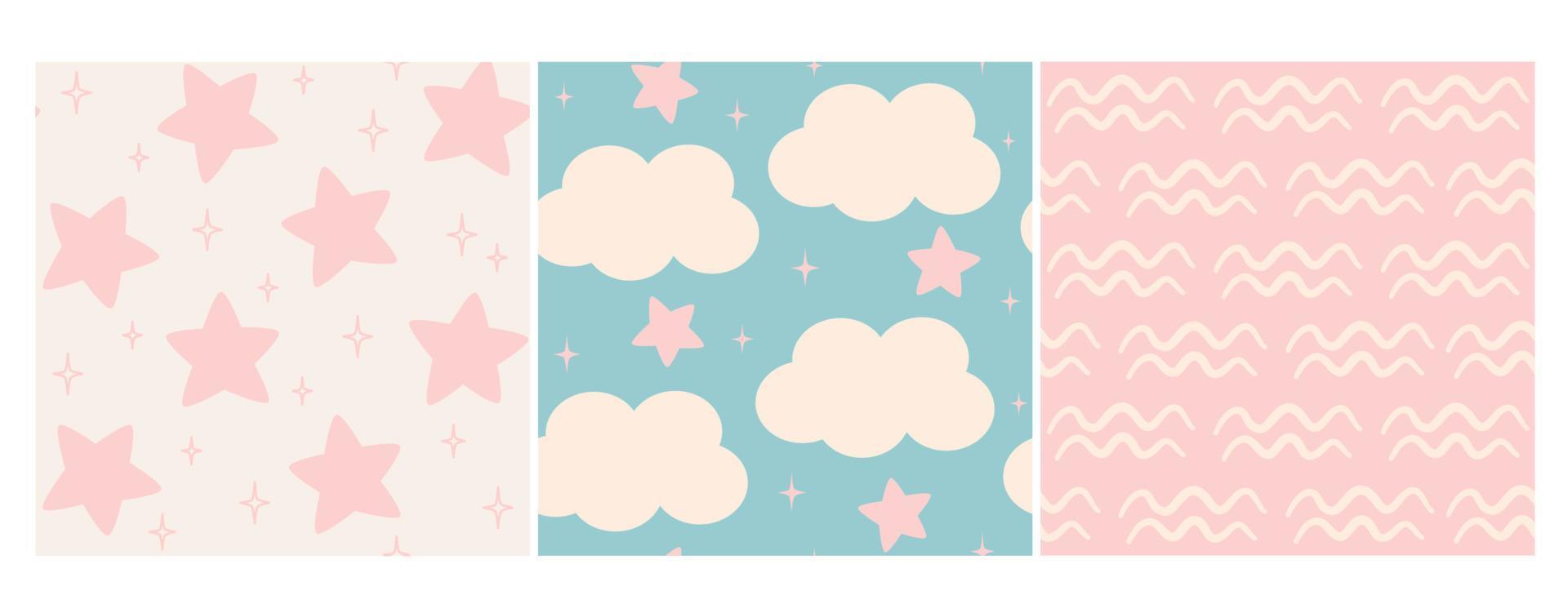 linda encantador pastel rosado y azul mano dibujado conjunto de sin costura vector modelo antecedentes ilustración con estrellas y nubes para niños, bebé ducha y otros