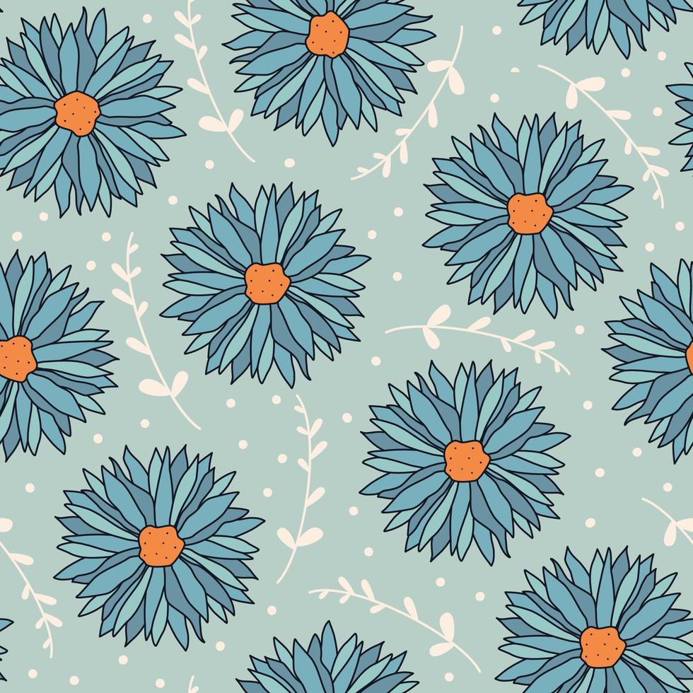 hand drawn cute seamless vector pattern background illustration with pastel blue flowers and white leaves