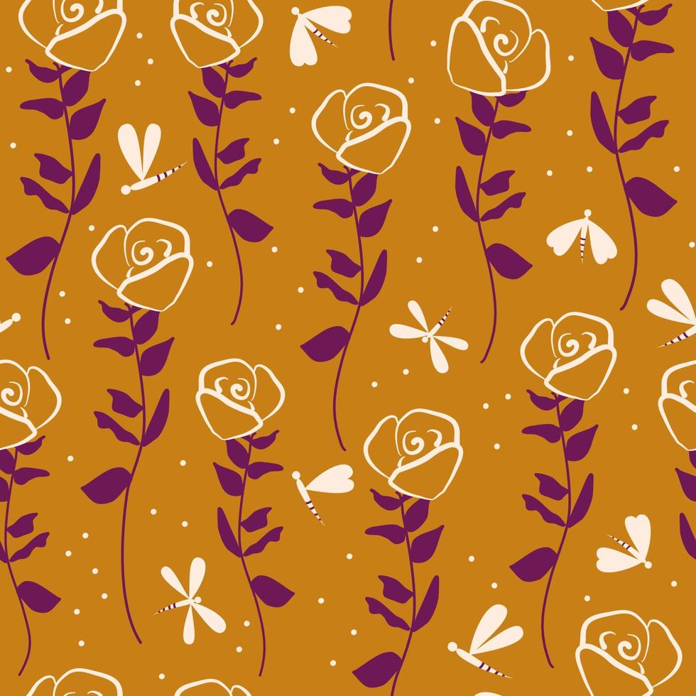 cute hand drawn rose flowers on mustard color background and dragonflies abstract seamless vector pattern illustration