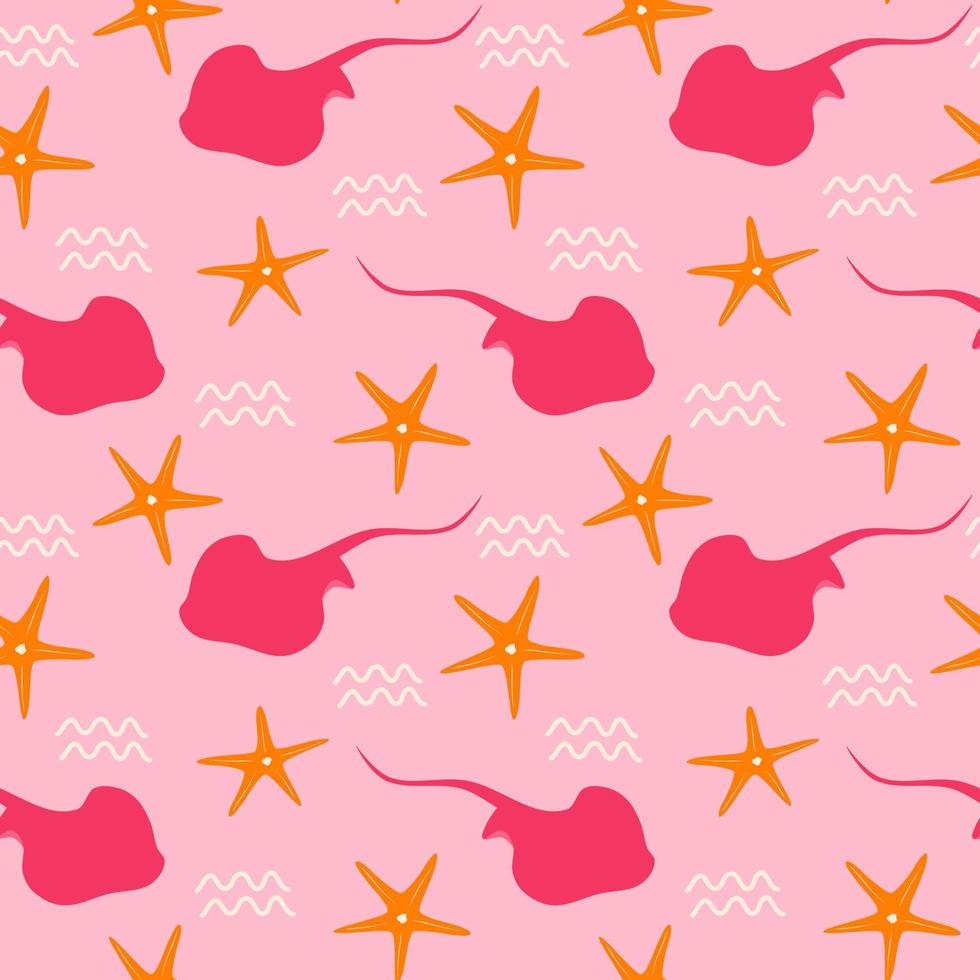 cute stingray seamless vector pattern illustration with orange starfishes on pink background