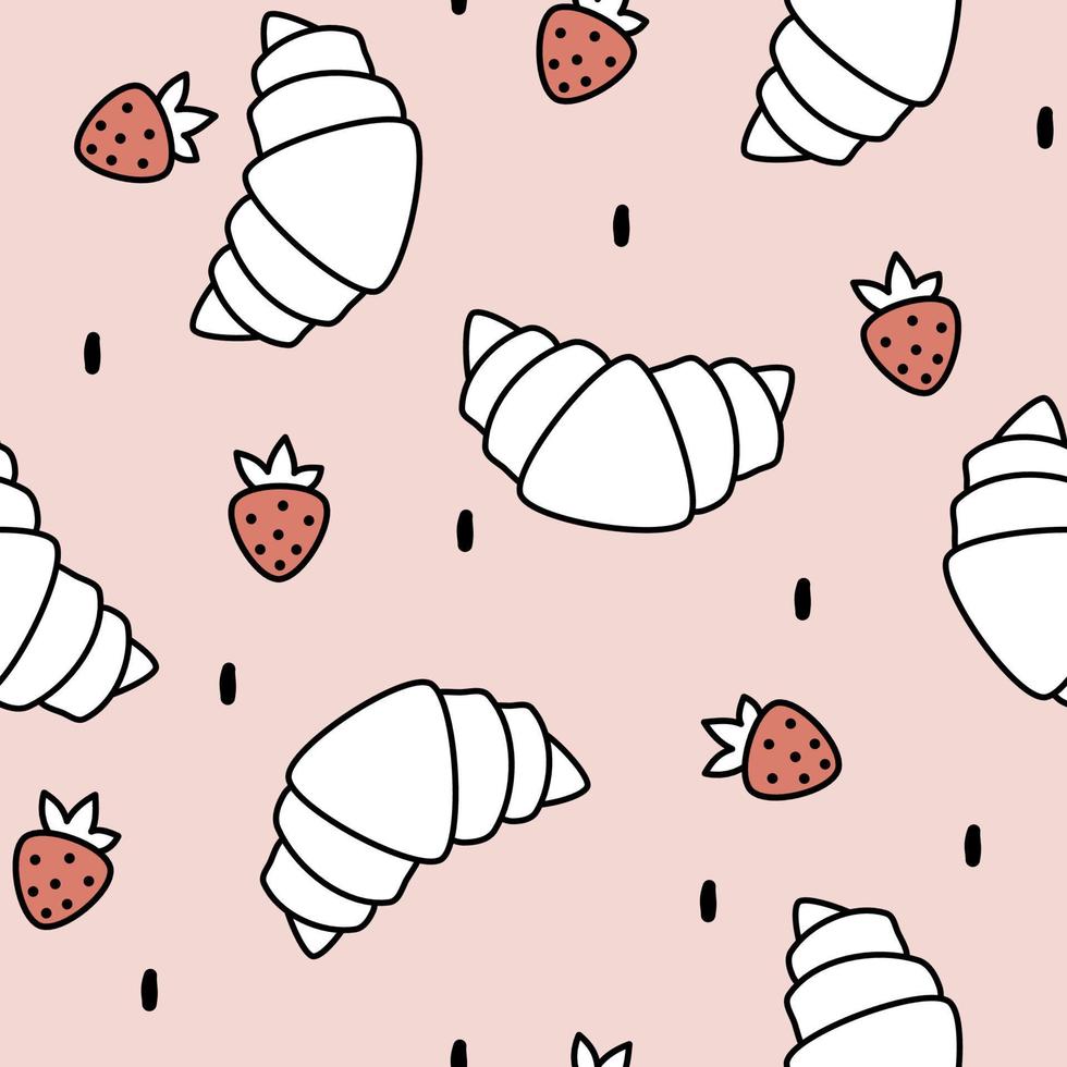 Cute lovely cartoon delicious black and white croissant with red strawberries seamless vector pattern illustration on pink background