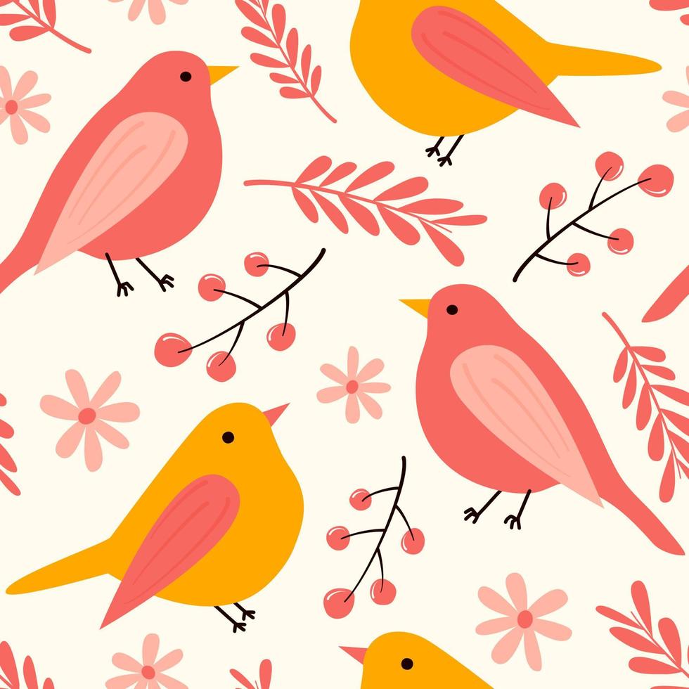 cute lovely colorful seamless vector pattern background illustration with yellow and pink birds, leaves, berries and flowers