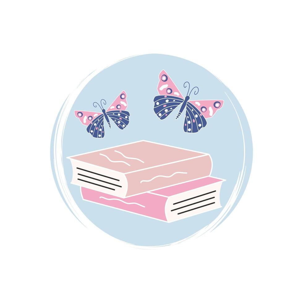 Cute logo or icon vector with white books and colorful butterflies illustration on circle with brush texture, for social media story and highlight