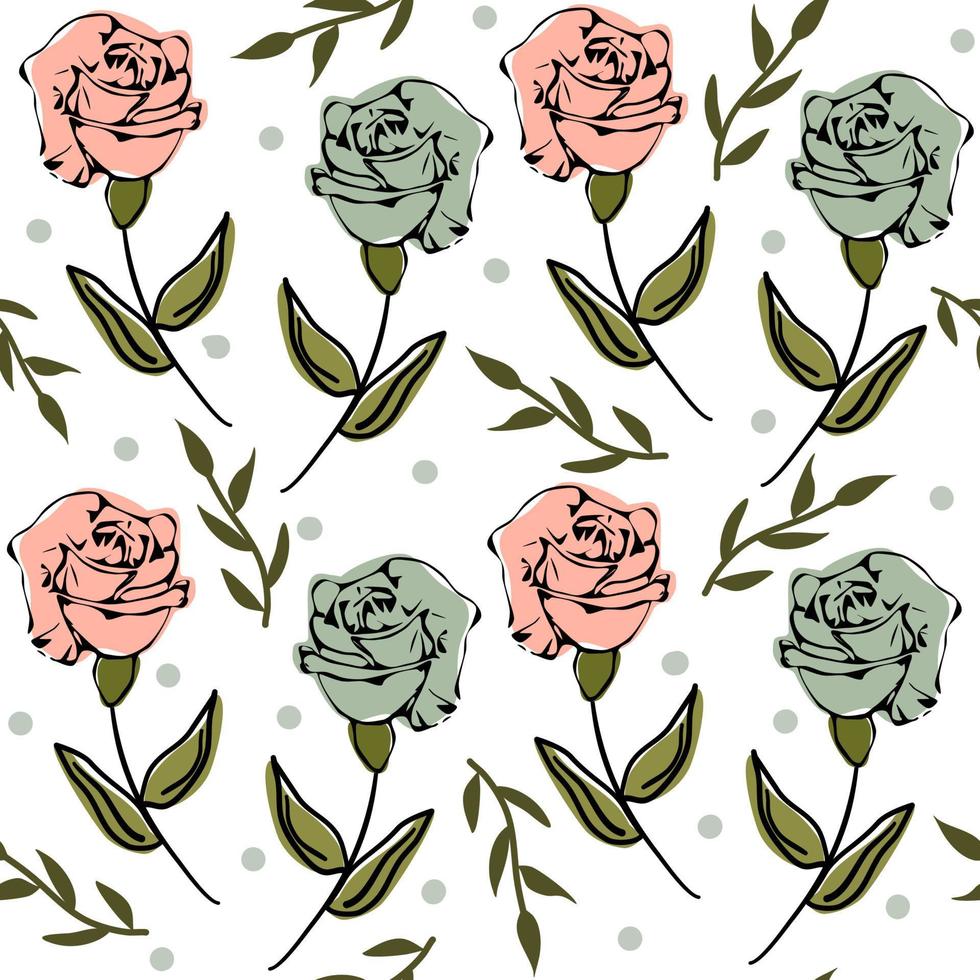 cute romantic trendy seamless vector pattern illustration with colorful roses and leaves