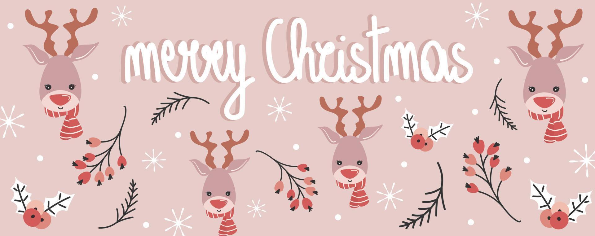 cute holidays vector design horizontal banner template with hand drawn lettering merry christmas text, cartoon character reindeer, branch with berries, holly, snow and snowflakes on pink background