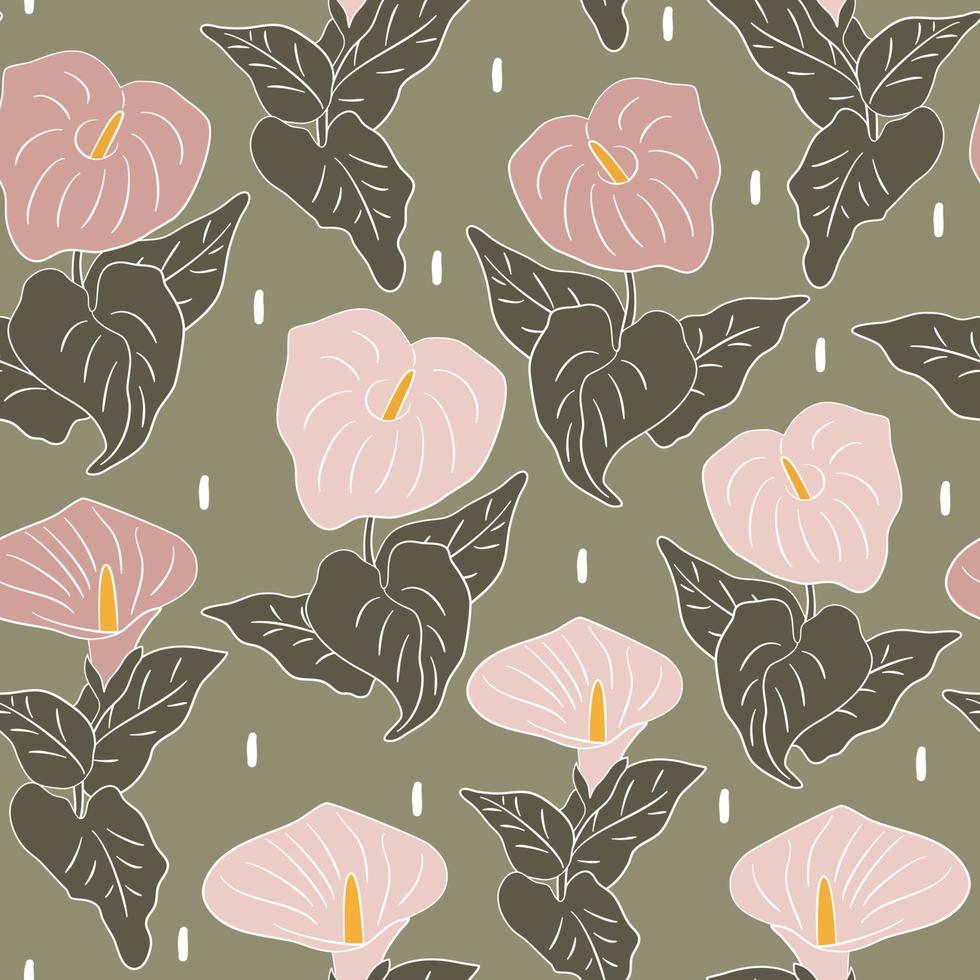 cute feminine elegant seamless vector pattern illustration with beautiful pink calla flowers on green background