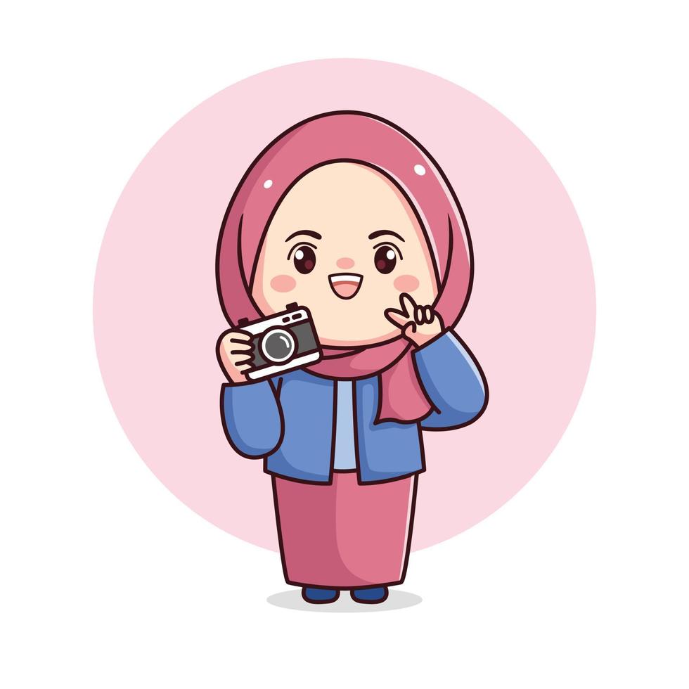 linda hijab niña con cámara y paz firmar hembra fotógrafo kawaii chibi dibujos animados plano personaje vector