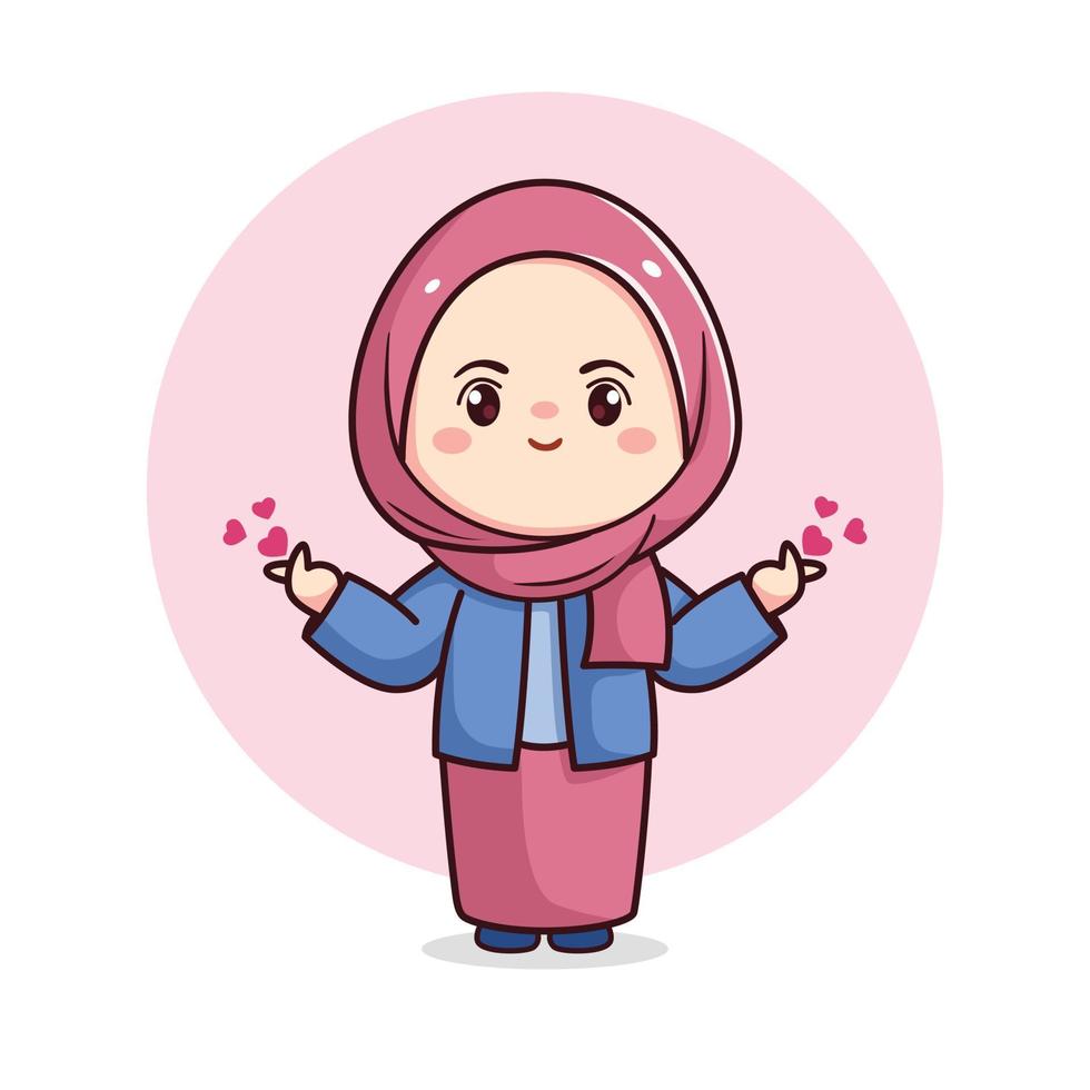 linda hijab niña con amor firmar kawaii chibi dibujos animados plano personaje vector