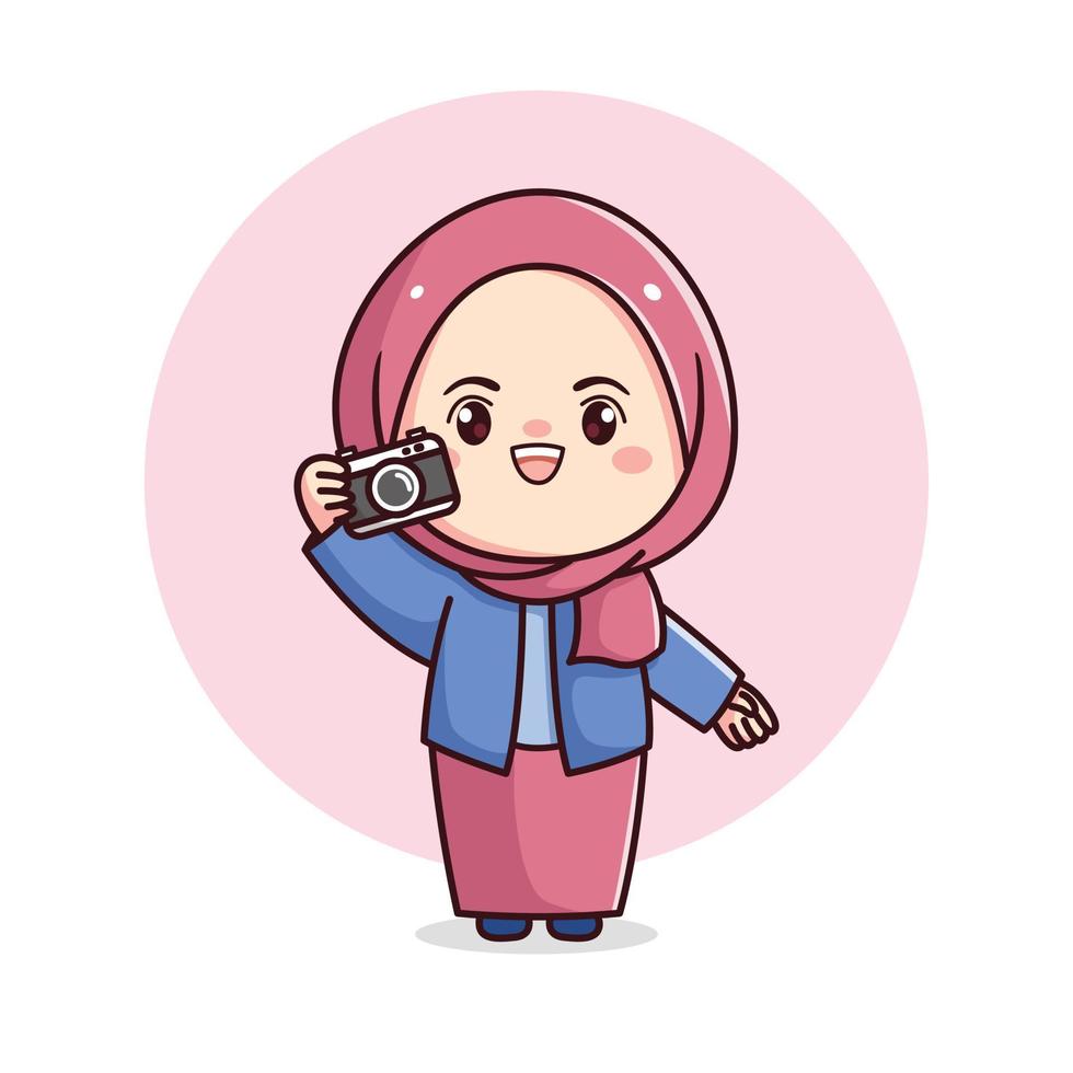 linda hijab niña participación cámara hembra fotógrafo plano ilustración personaje vector