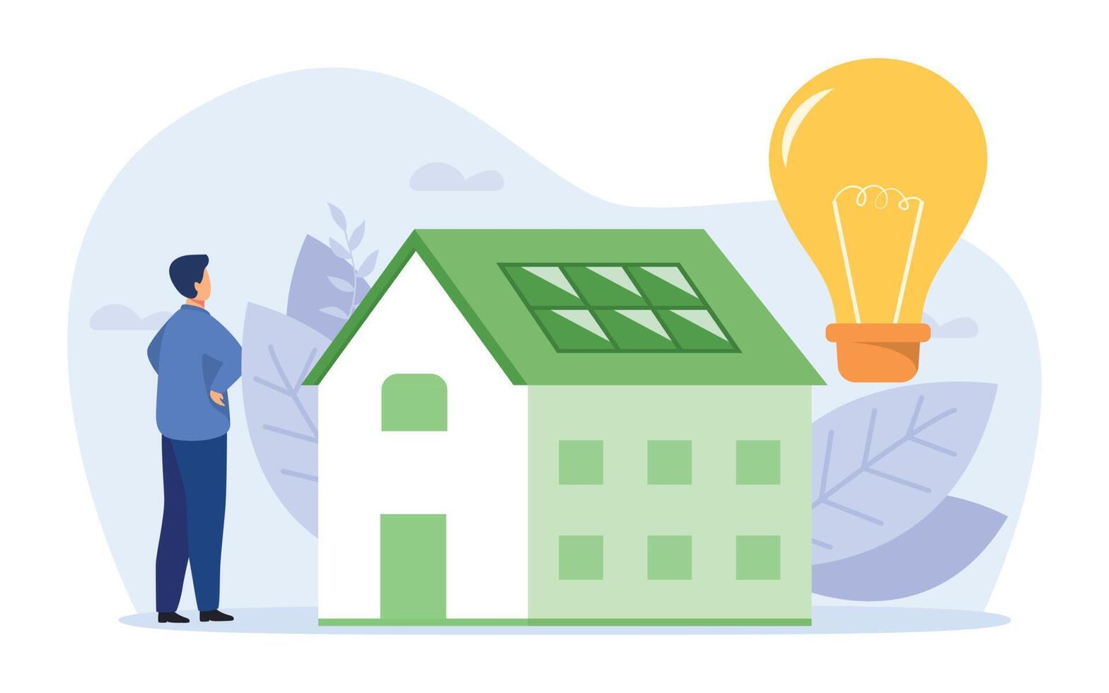 Green energy  illustration concept.   Characters showing eco private house. Renewable energy concept. Vector illustration.