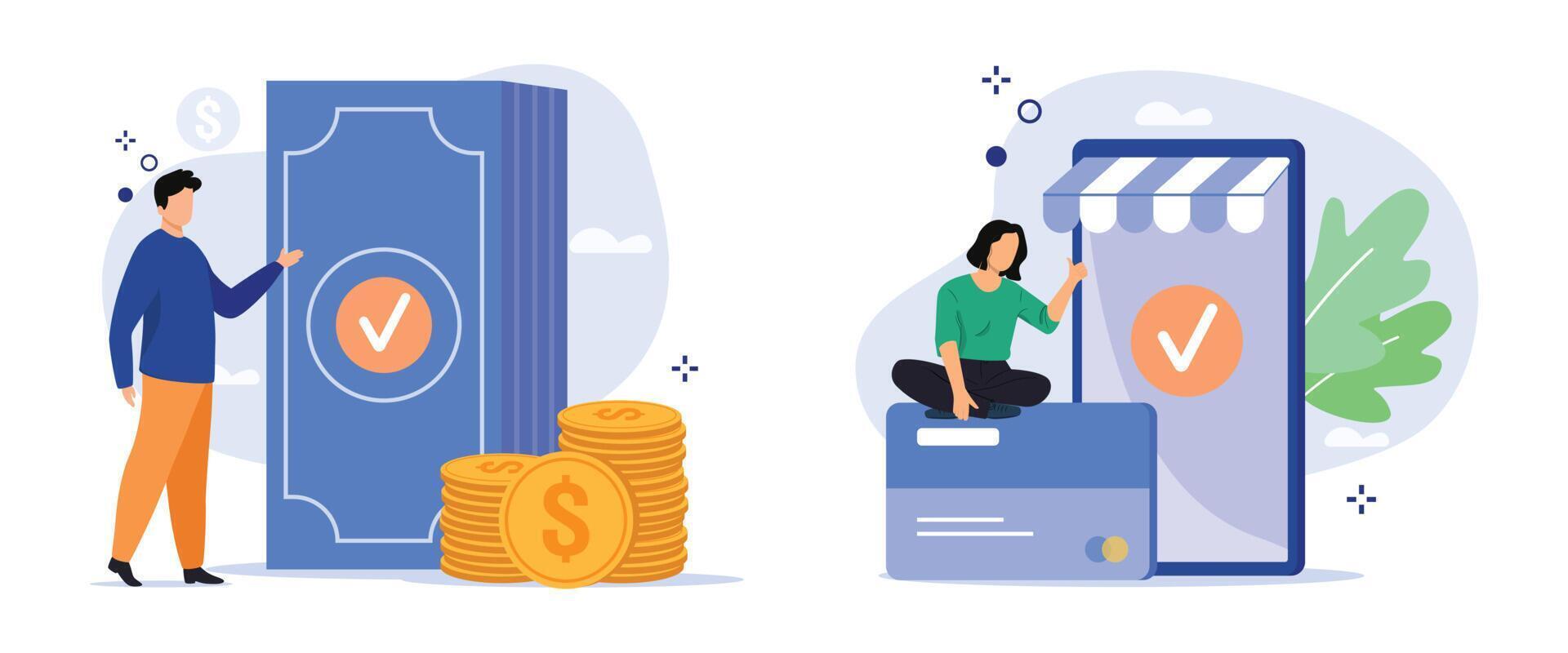 Cash and electronic payments concept. Characters paying with cash and online by electronic bank transfer. Vector illustration.