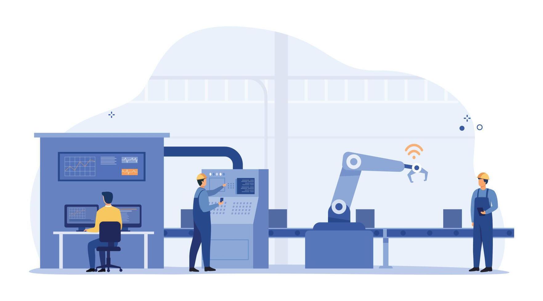 A production line with workers, smartphone robots, automation and user interface concept. Vector illustration for business, production, machine technology. Smart Industry.