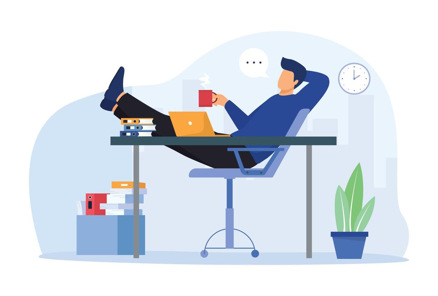 Coffee break concept illustration. Employee works on the laptop. Vector illustration.