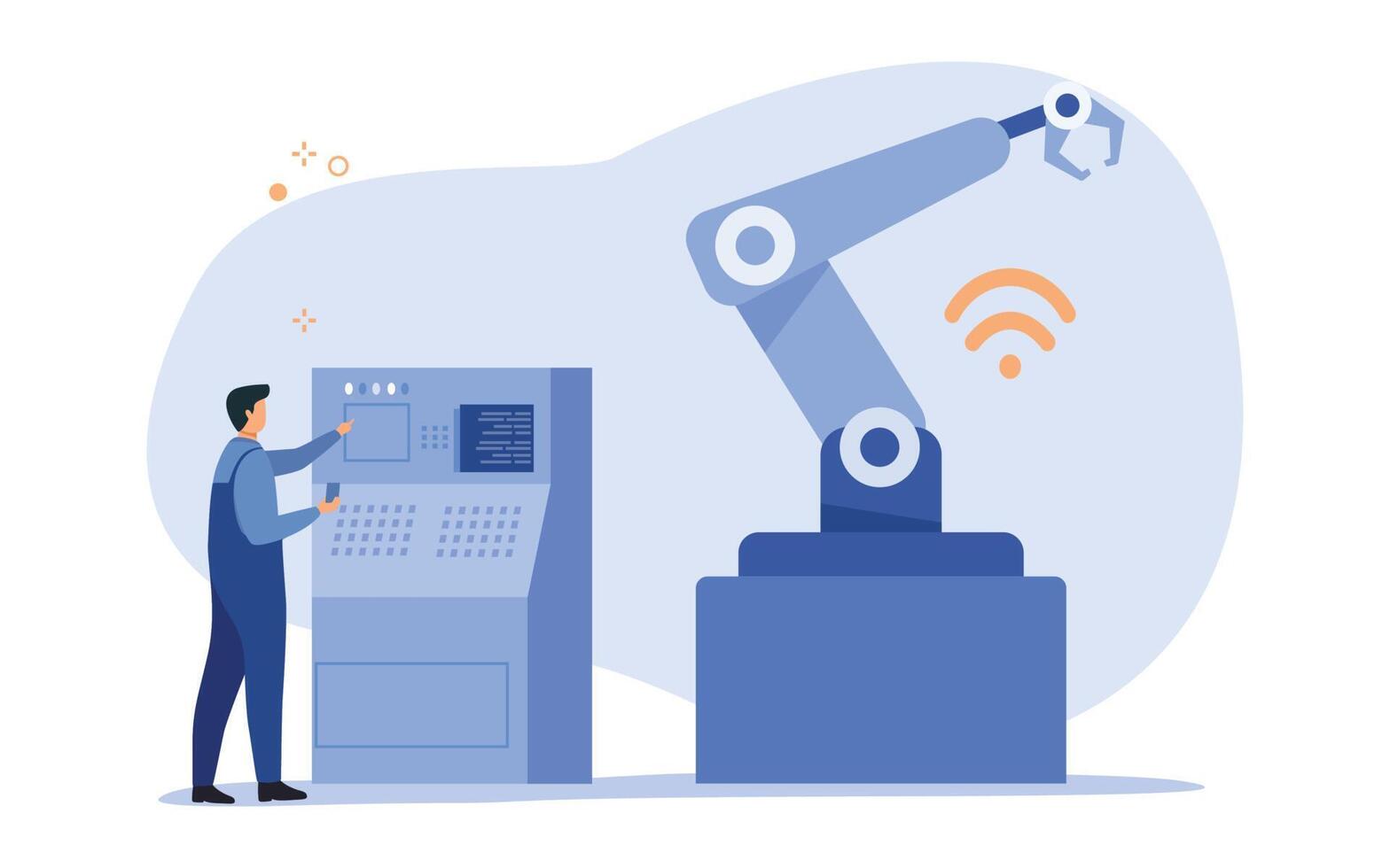 Smart intelligence technology in industrial factory. Engineer using computer and wearing app on a smartphone and smart automated production line with workers and robots. Vector illustration.