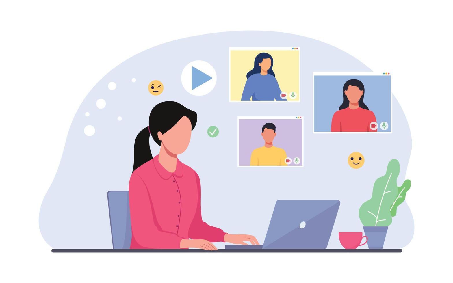 Video call concept. Vector flat modern illustration of a young pretty woman  talking to friends  on a video call on his laptop. Isolated on background.