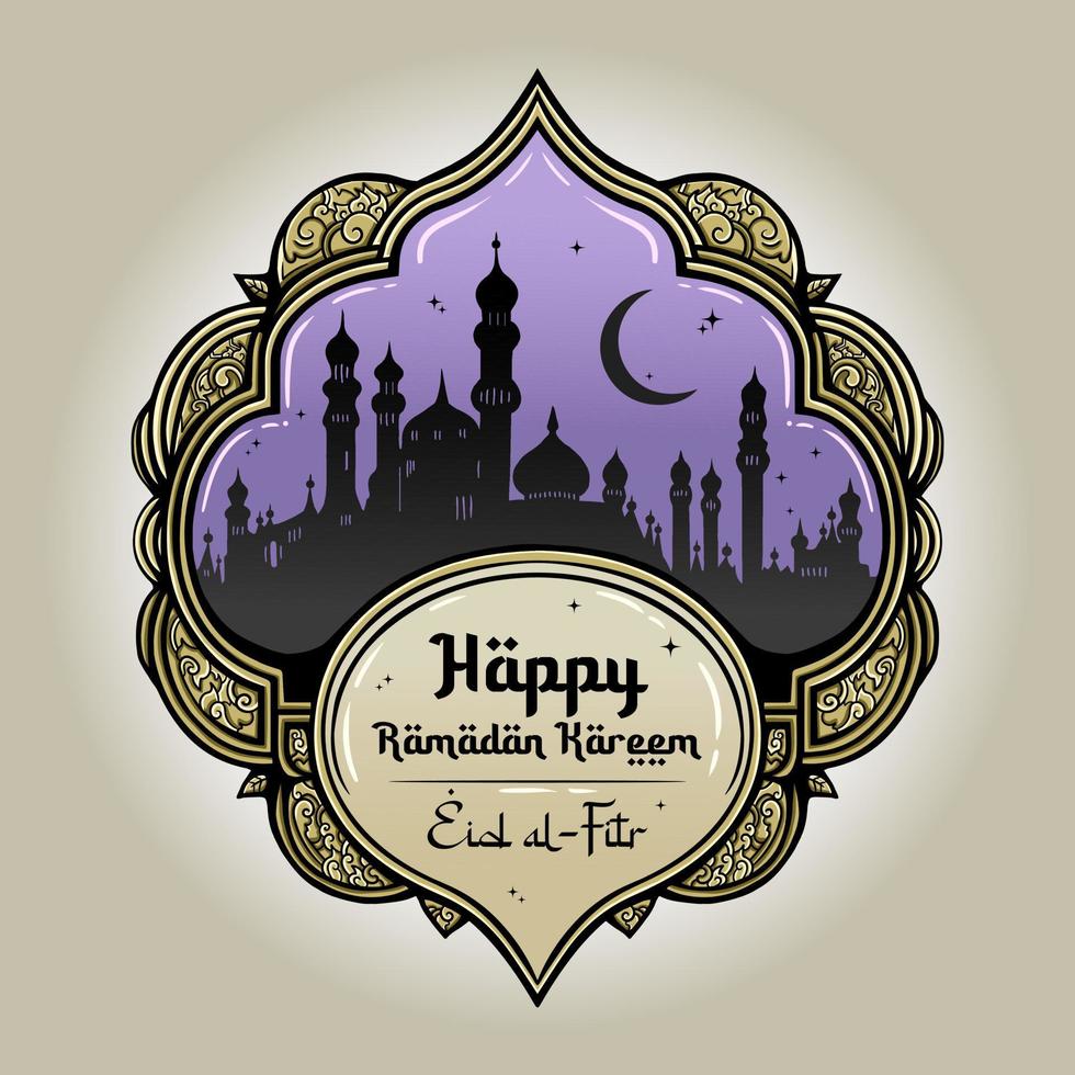 Eid Al Fitr Islamic Mosque Mubarak Vector Illustration Greeting Card Calligraphy Celebration