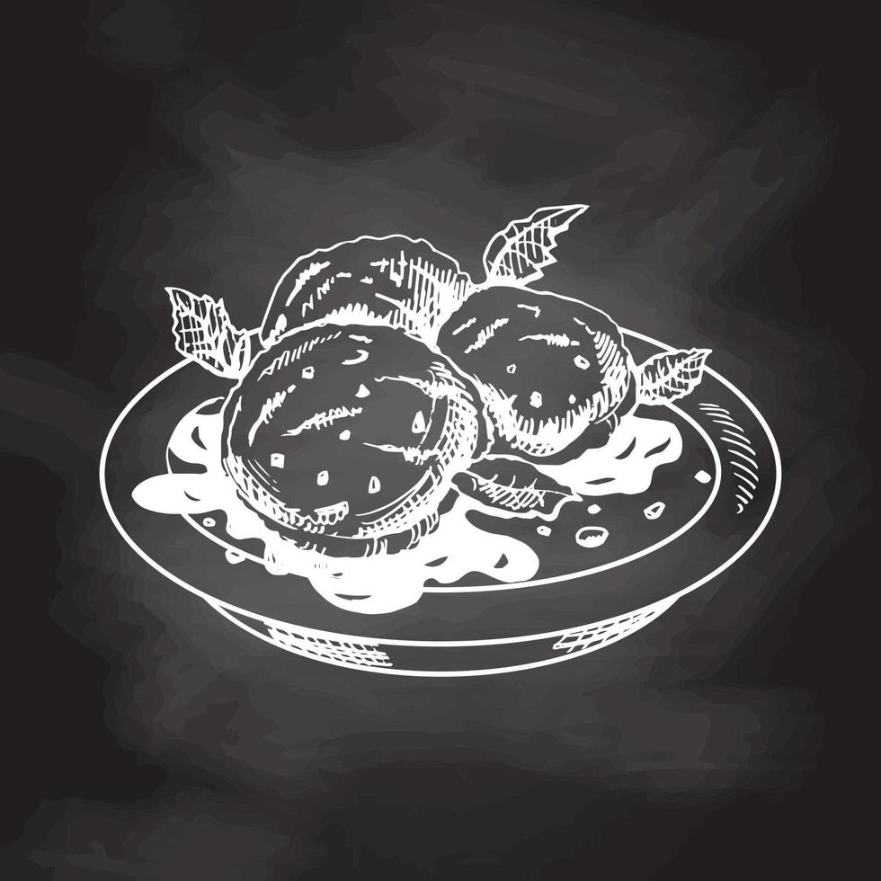 A hand-drawn sketch of an ice cream balls in a plate with chocolate sauce isolated on chalkboard background. Vintage illustration. Element for the design of labels, packaging and postcards. vector