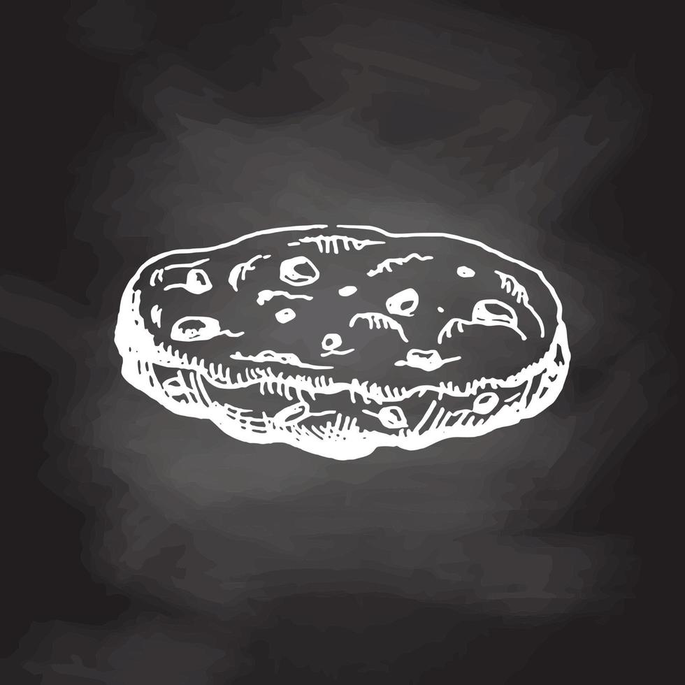 A hand-drawn sketch of homemade cookies with chocolate chips isolated on chalkboard background. Vintage illustration, doodle. Element for the design of labels, packaging and postcards. vector