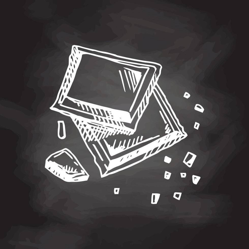 A hand-drawn sketch of pieces of chocolate bar isolated on chalkboard background. Vintage illustration. Element for the design of labels, packaging and postcards. vector
