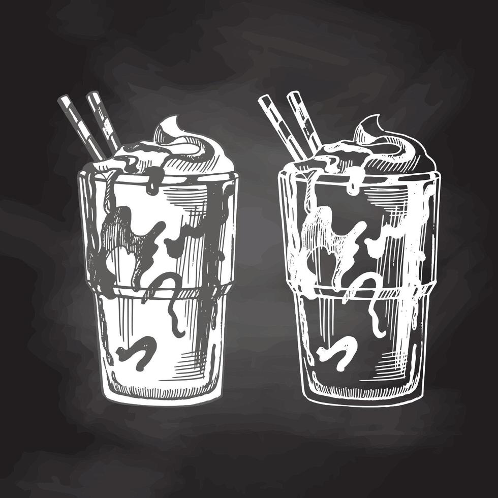 A hand-drawn sketch of glass of chocolate milkshake isolated on chalkboard background. Vintage, doodle illustration. Element for the design of labels, packaging and postcards. vector